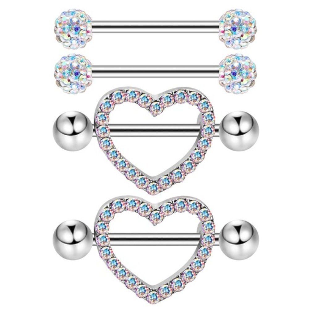 14G 316L Silver and CZ Nipple Rings - Set of 2